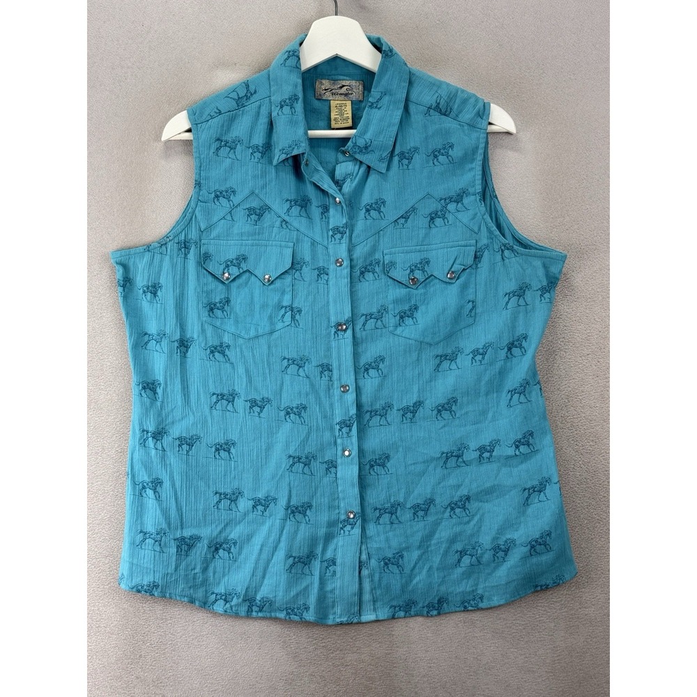 Vintage Wrangler Horse Print Sleeveless Pearl Snap Blouse Turquoise XL Cowgirl